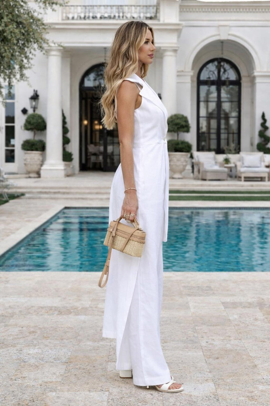 White Linen Two Piece Set Women, Sleeveless Blazer Wide Leg Pants Suit