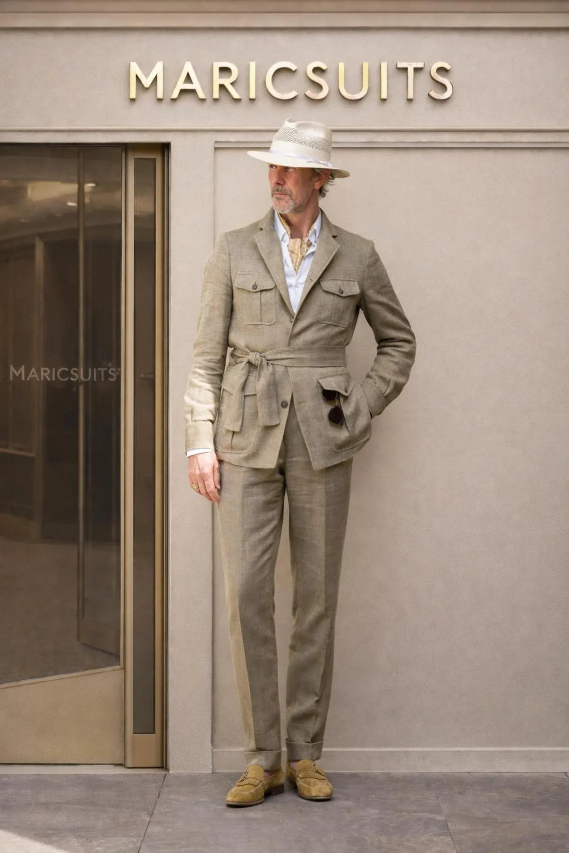 Men\'s Beige Linen Safari Suit, Belted Jacket, Summer Wedding Outfit, Tailored Fit