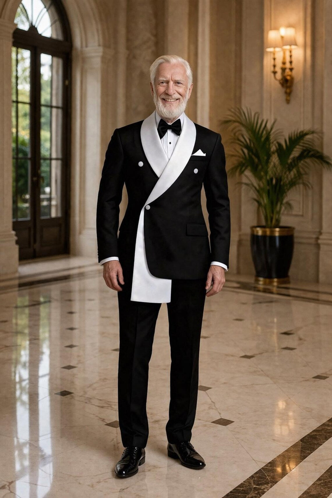 Black White Tuxedo Suit, Asymmetrical Shawl Lapel, Custom Tailored Formal Wear
