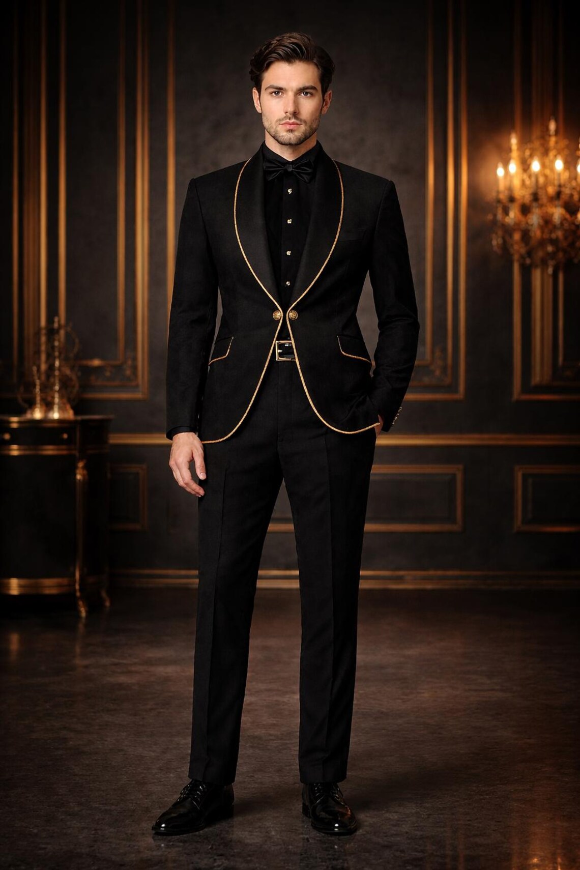 Men's Black Tuxedo Gold Trim – Slim Fit Formal Blazer Wedding Suit