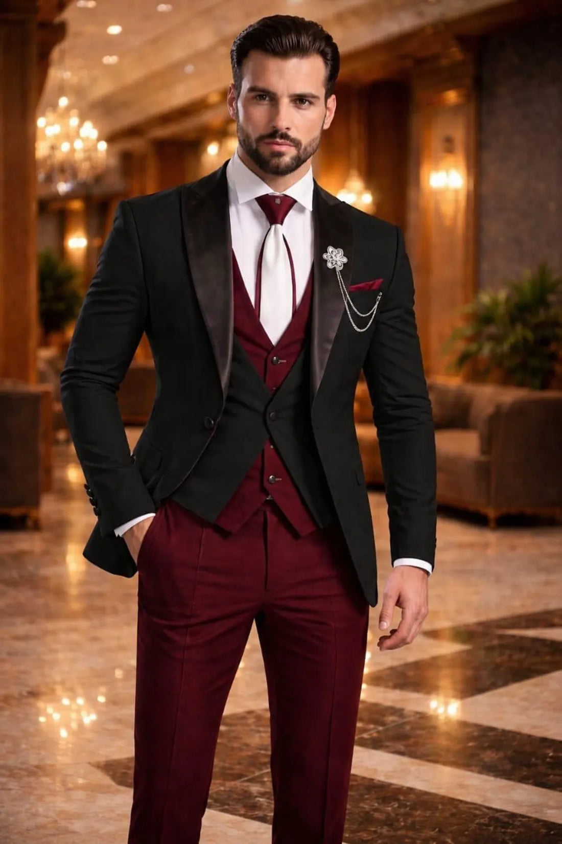 MaricSuits Burgundy 3-Piece Suit Black Tuxedo Jacket, Slim Fit Formal Wear