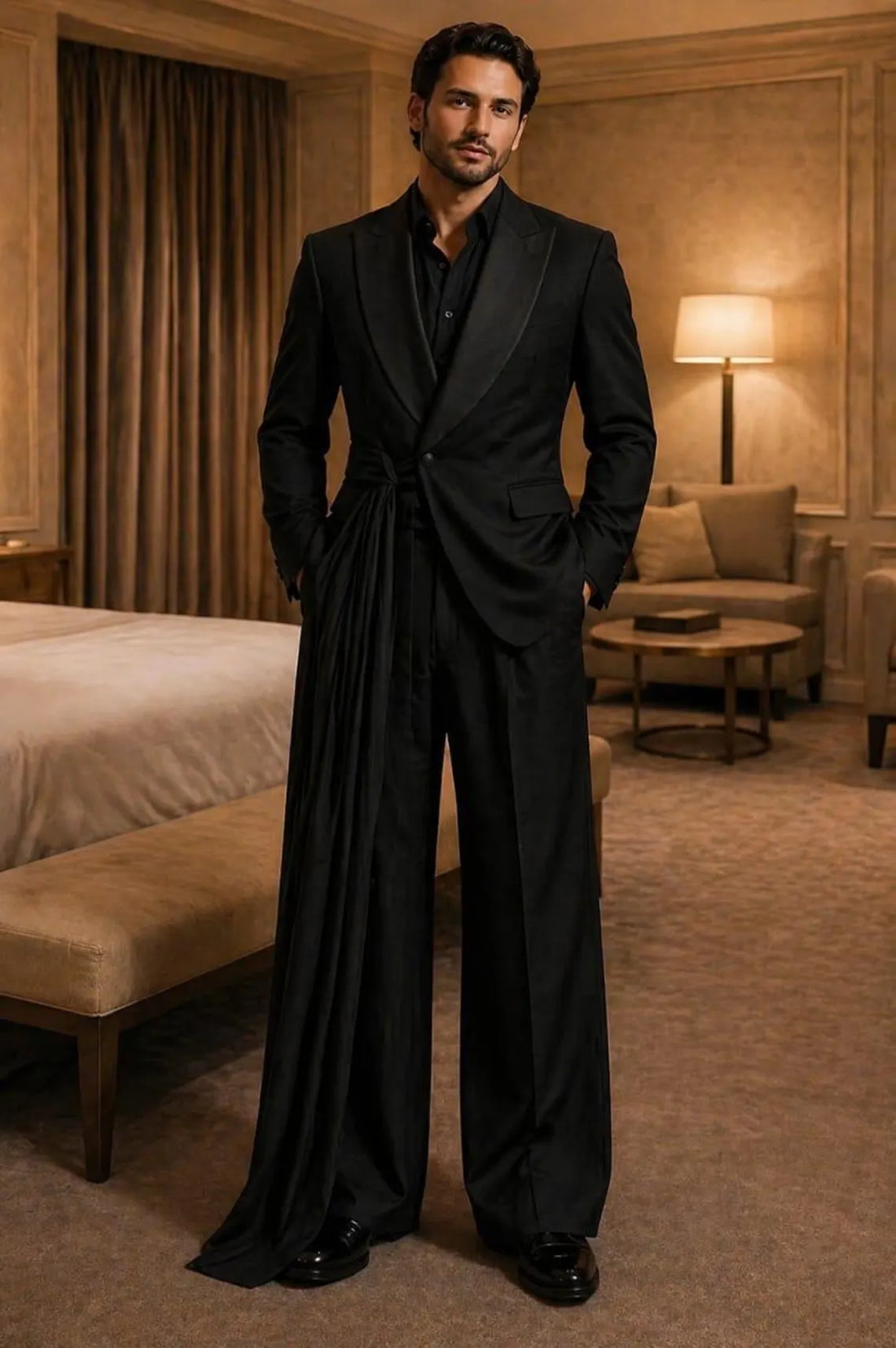 Black Designer Draped Suit, Modern Formal Evening Wear, Fashion Statement