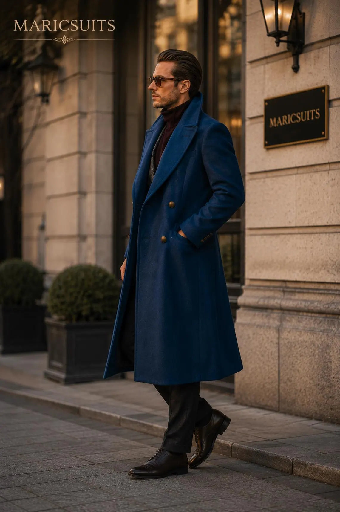Men’s Vintage Style Overcoat | Blue Luxury Winter Trench Coat | Double Breasted Formal Coat