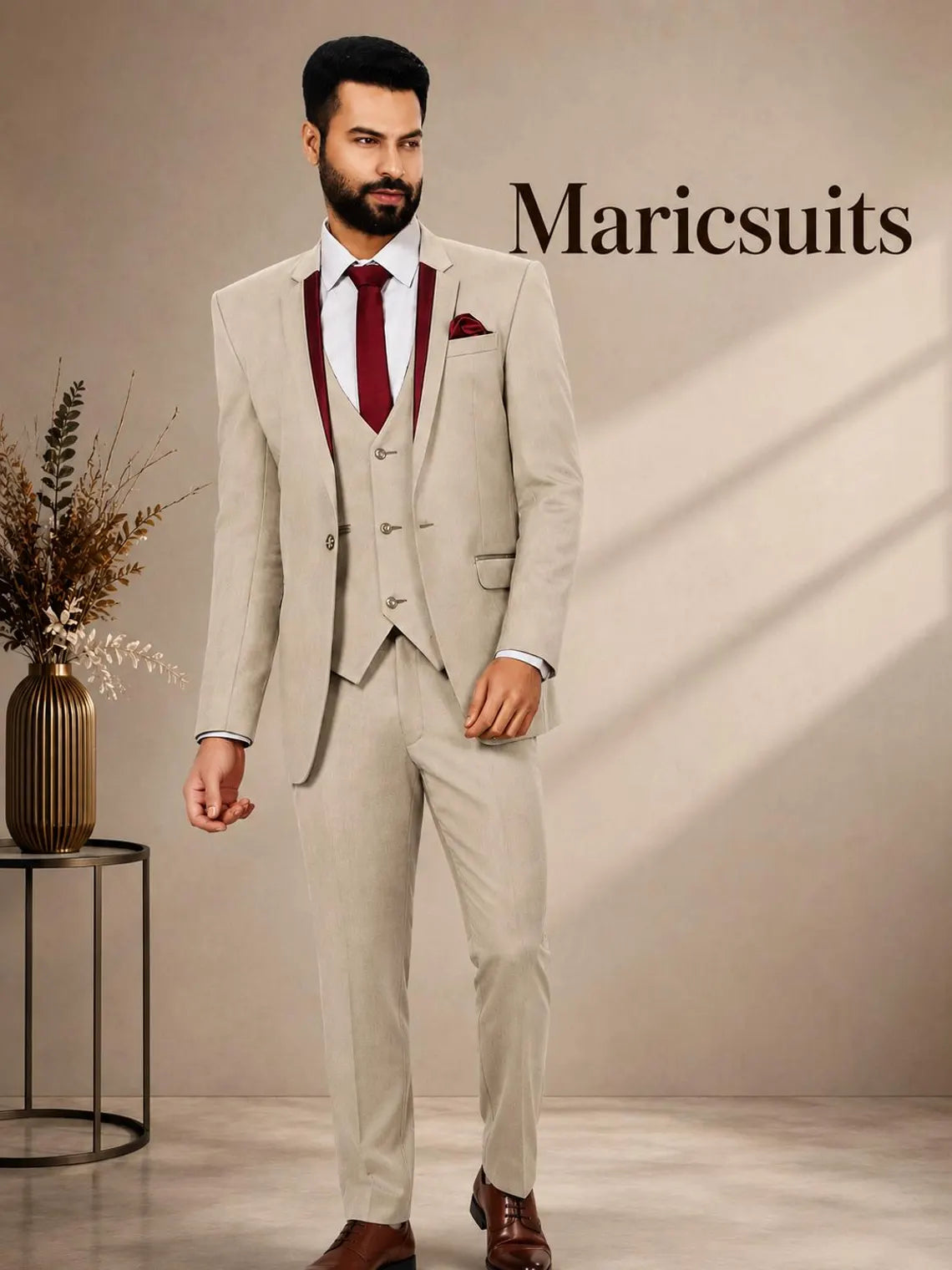 Men's Beige 3 Piece Suit | Slim Fit Wedding Prom Formal Tuxedo | Maricsuits Custom Tailored