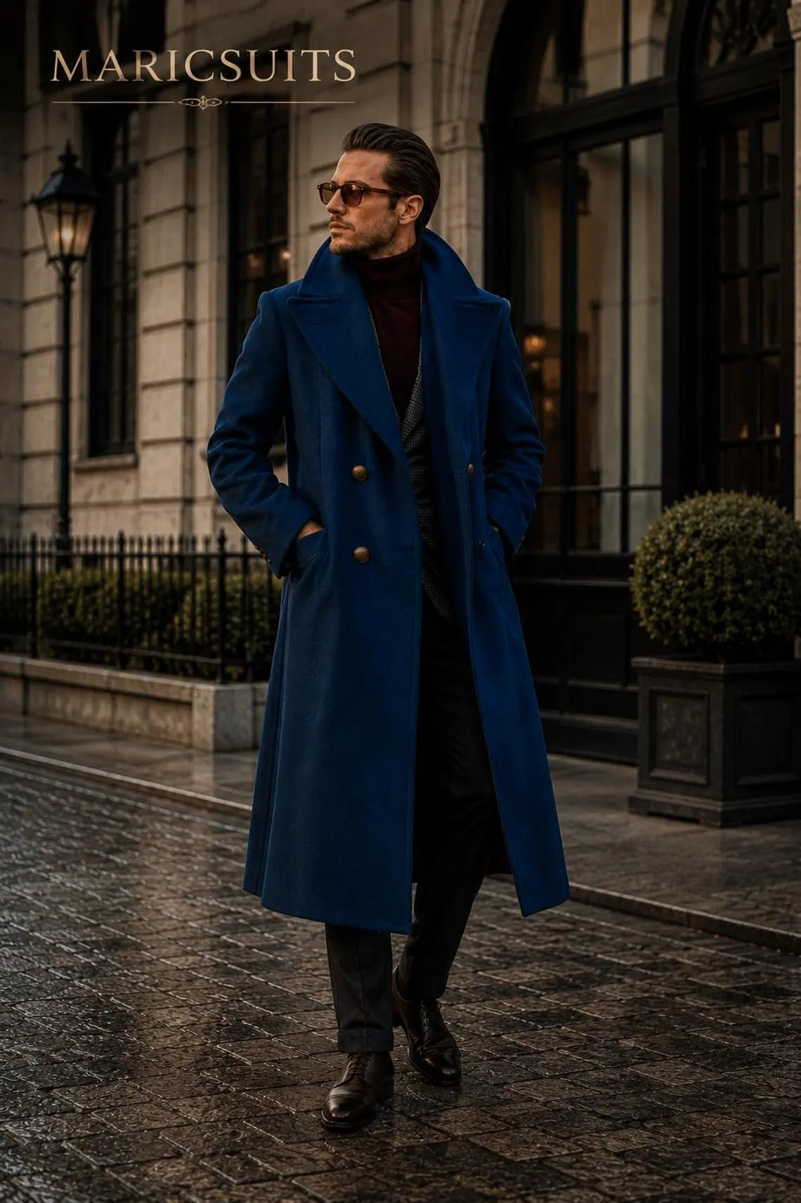 Men’s Vintage Style Overcoat | Blue Luxury Winter Trench Coat | Double Breasted Formal Coat