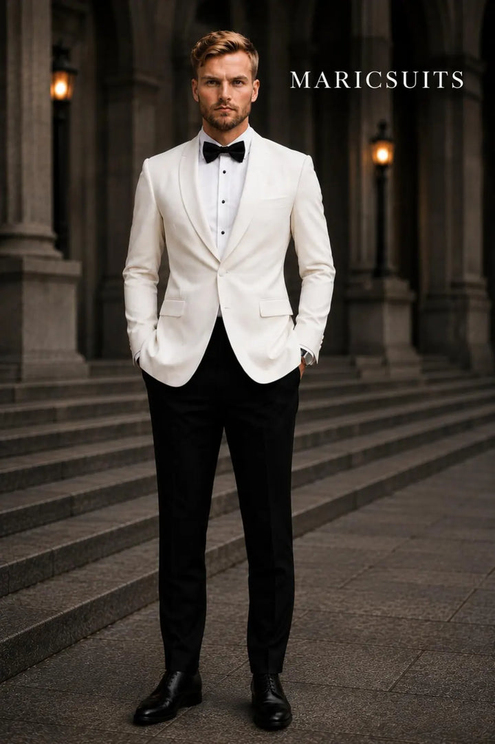 White Tuxedo Suit Men Wedding Blazer Groom Dinner Jacket Black Pants Prom Suit Custom Made Formal Wear MARICSUITS