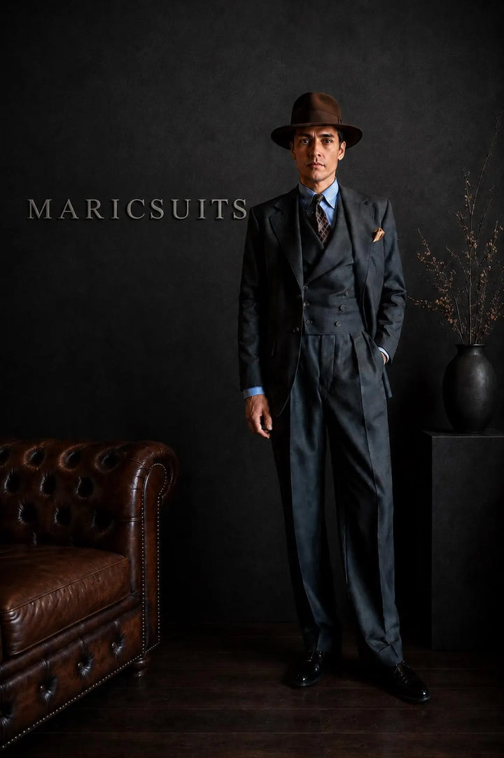 Vintage Charcoal Grey Double Breasted Suit for Men | 1930s Inspired Wide Leg Suit | Classic Formal Wedding
