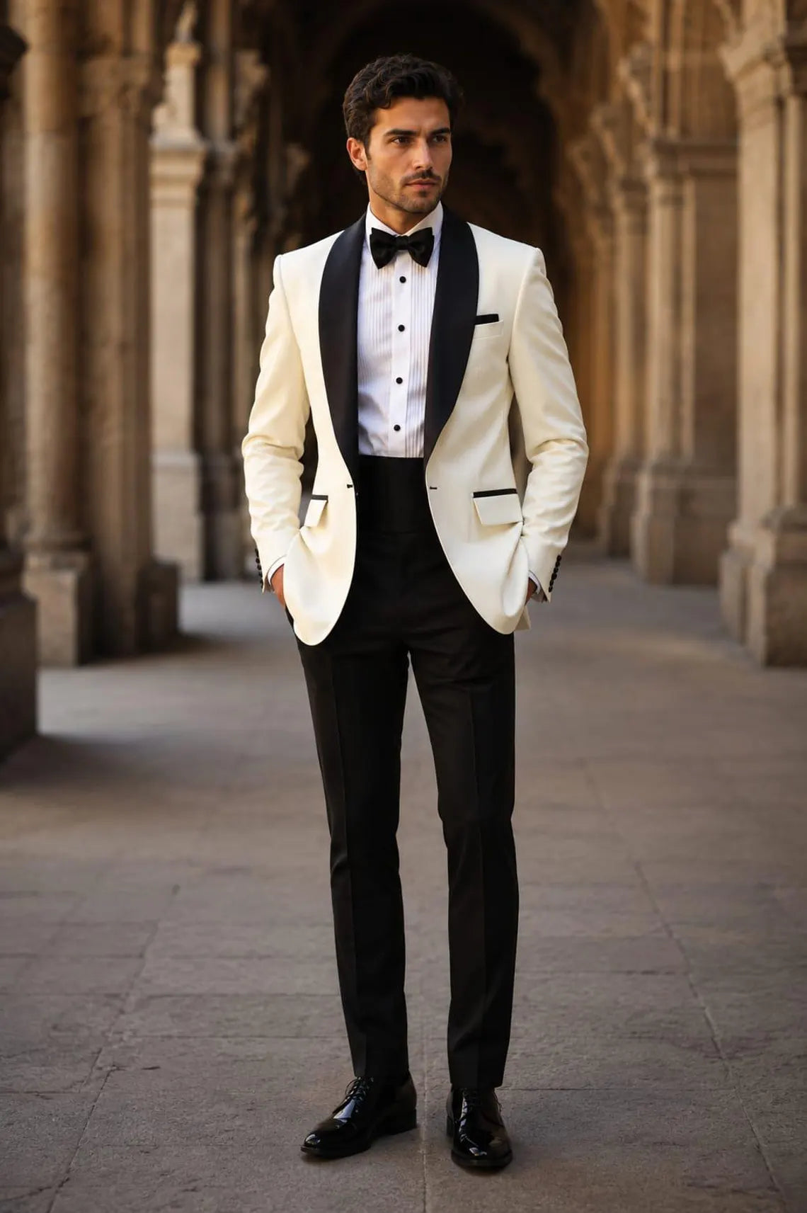 White Shawl Lapel Tuxedo for Men, Luxury Wedding Suit, Black Trim Dinner Jacket, Custom Formal Wear