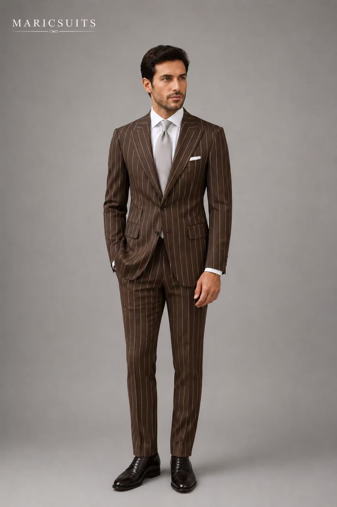 Brown Pinstripe Men's Suit, Custom Tailored Suit, Wedding Suit, Business Formal Suit, Classic Gentleman Outfit
