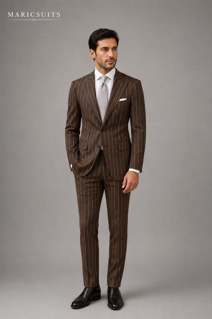 Brown Pinstripe Men's Suit, Custom Tailored Suit, Wedding Suit, Business Formal Suit, Classic Gentleman Outfit