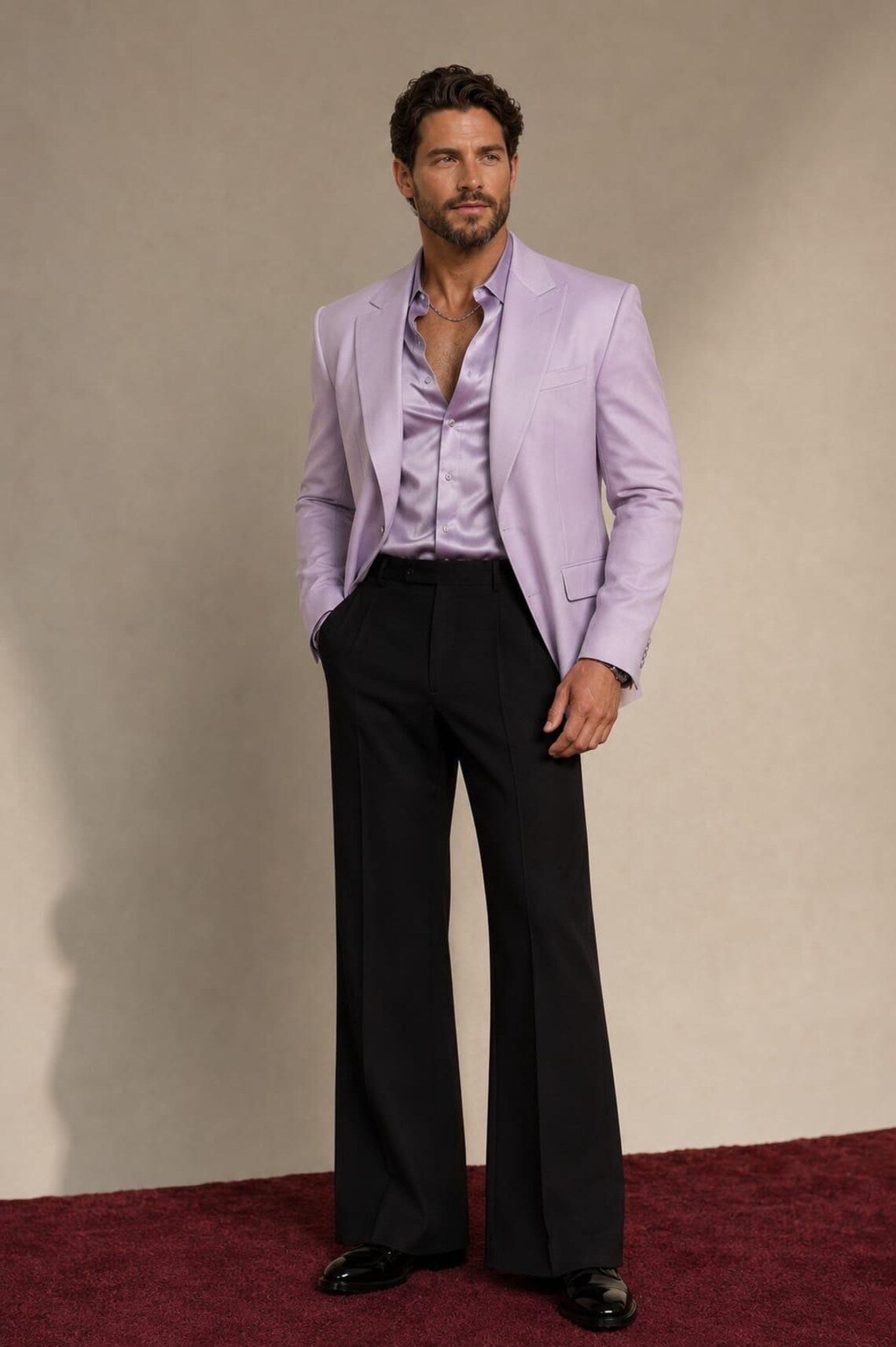 Lavender Suit for Men, Lilac Blazer and Black Wide Leg Pants, Modern Formal Wear, Designer Mens Outfit