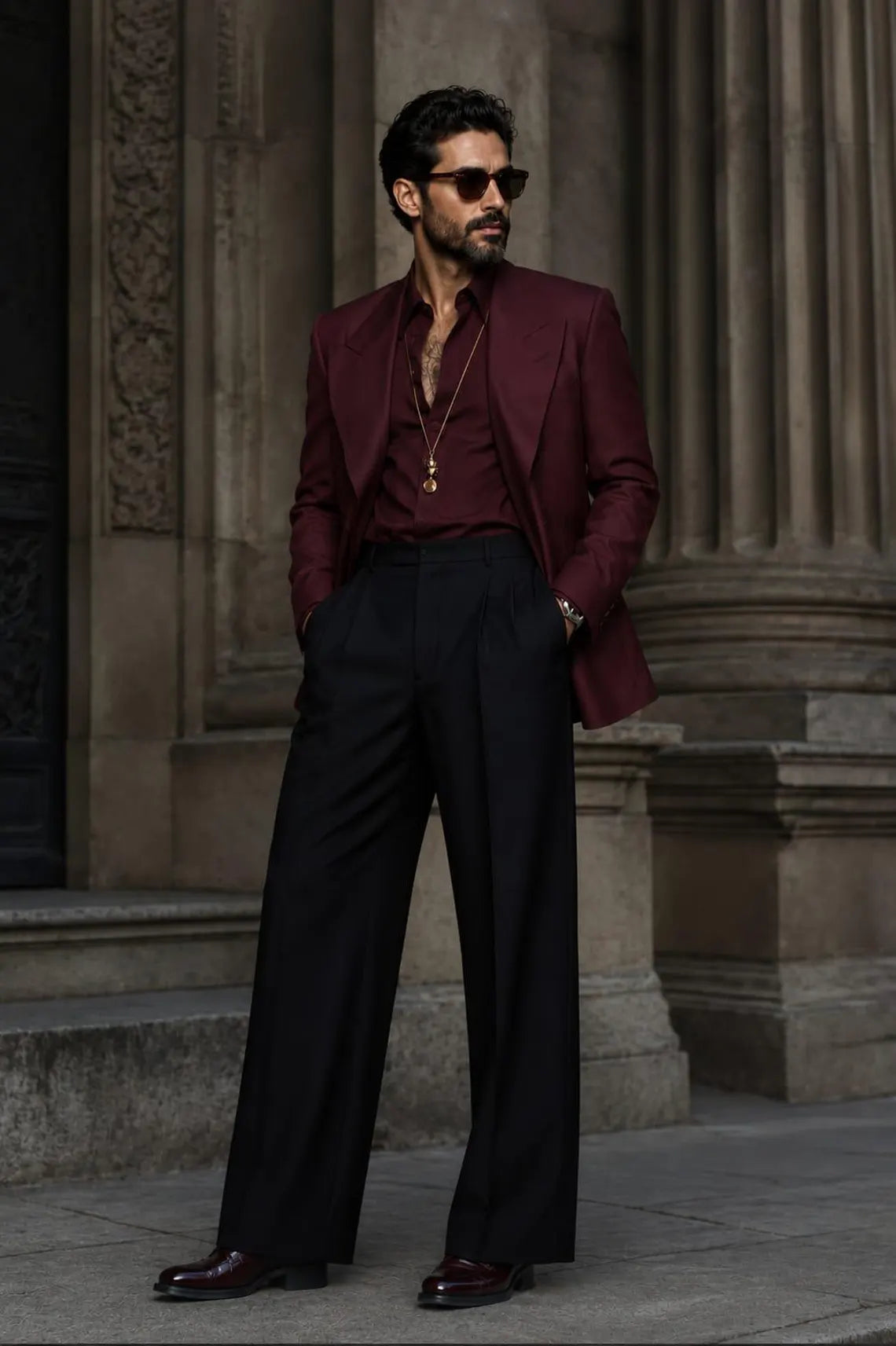 Men's Burgundy Blazer Outfit, Old Money Style Suit, Wide Leg Trousers, Luxury Menswear, Elegant Formal Wear, Vintage Gentleman Look