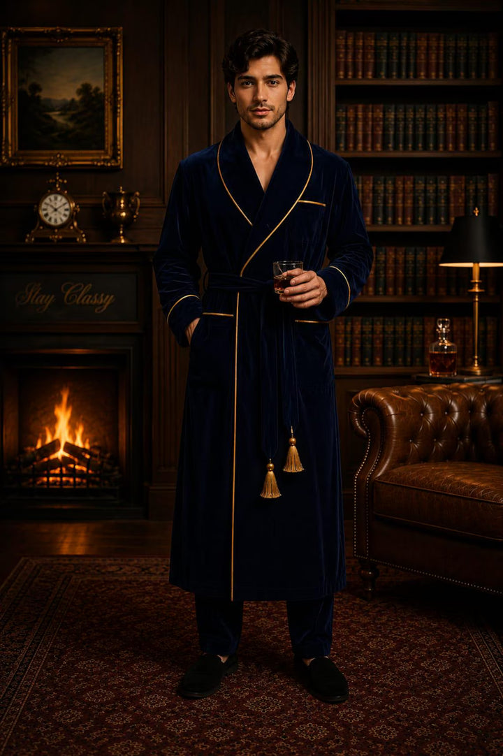 Blue Velvet Robe for Men, Premium Smoking Jacket, Elegant Lounge Robe, Luxury Bathrobe, Gentleman Gift