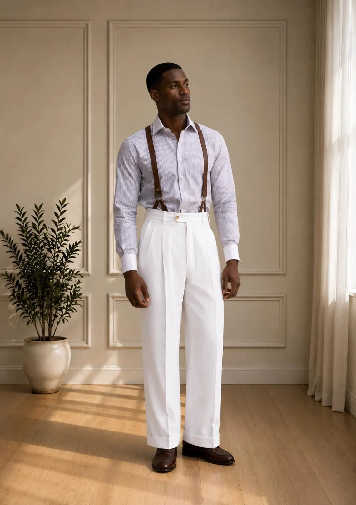 Mens White Linen Trousers, High Waisted Pleated Pants, Wide Leg Linen Dress Pants, Vintage Style Menswear