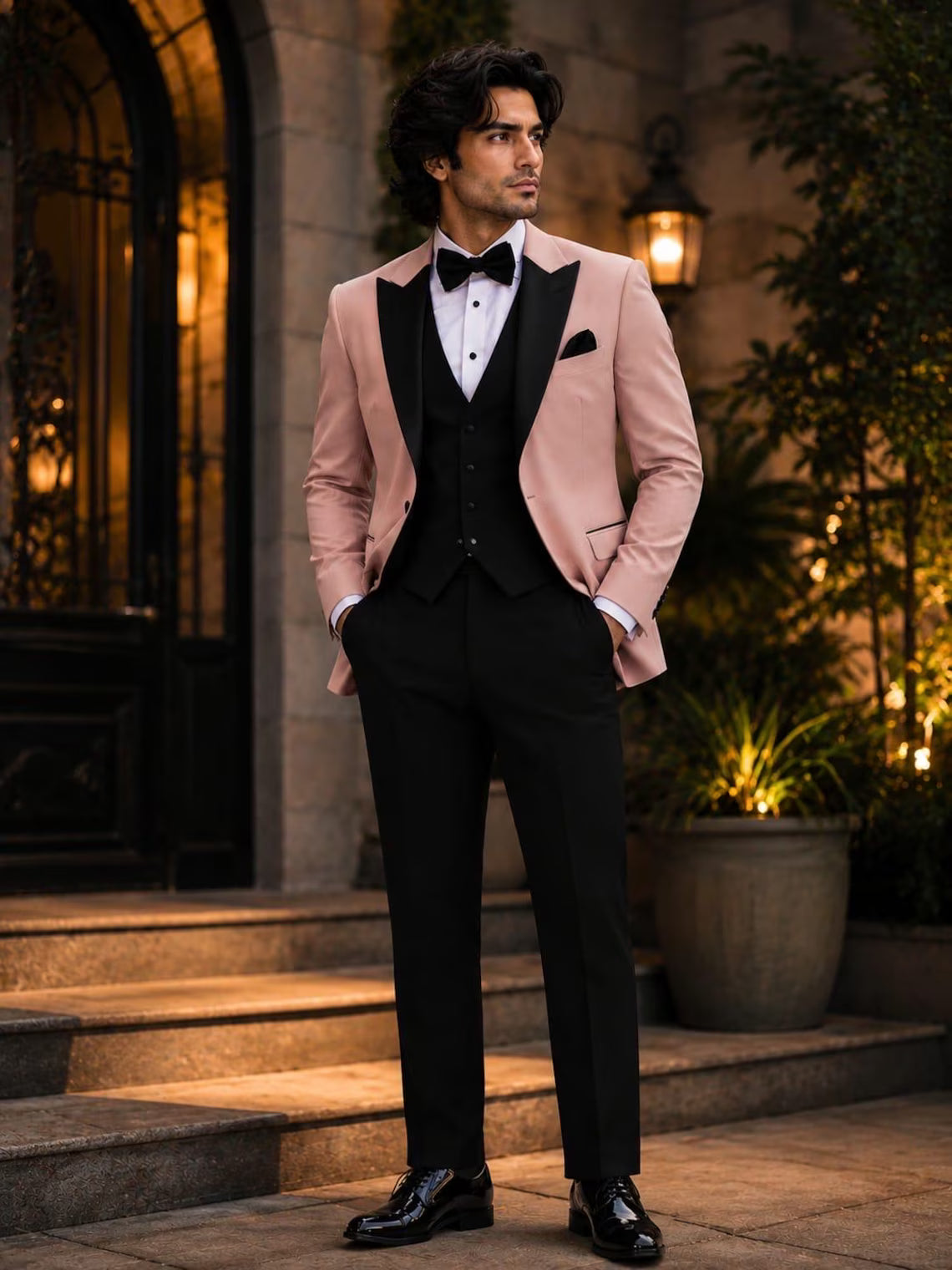 Blush Pink Tuxedo for Men, 3 Piece Wedding Suit, Black Lapel Groom Suit, Formal Prom Tuxedo, Luxury Menswear