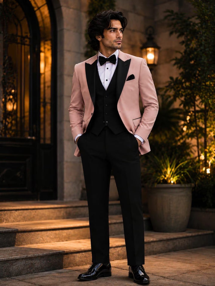 Blush Pink Tuxedo for Men, 3 Piece Wedding Suit, Black Lapel Groom Suit, Formal Prom Tuxedo, Luxury Menswear