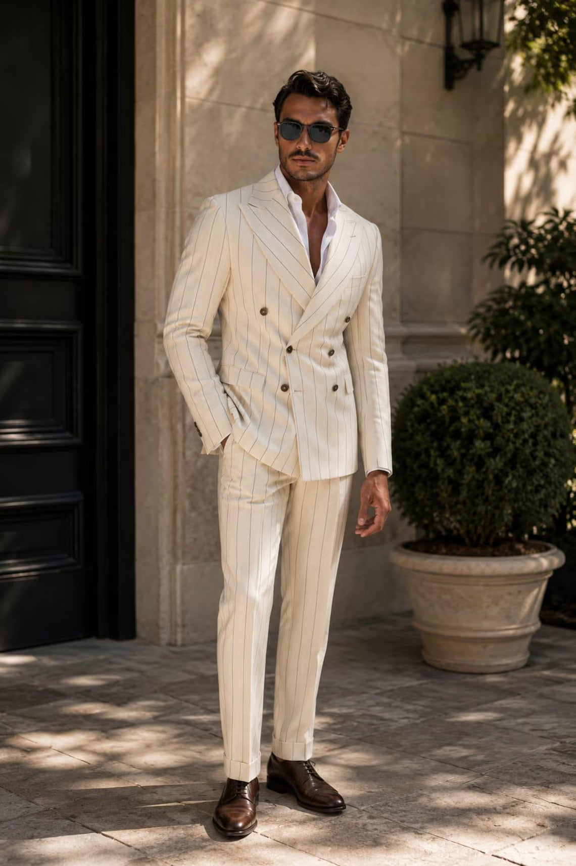 Luxury Men's White Pinstripe Suit, Double Breasted Tailored Suit, European Style Wedding Outfit, Sophisticated Formalwear