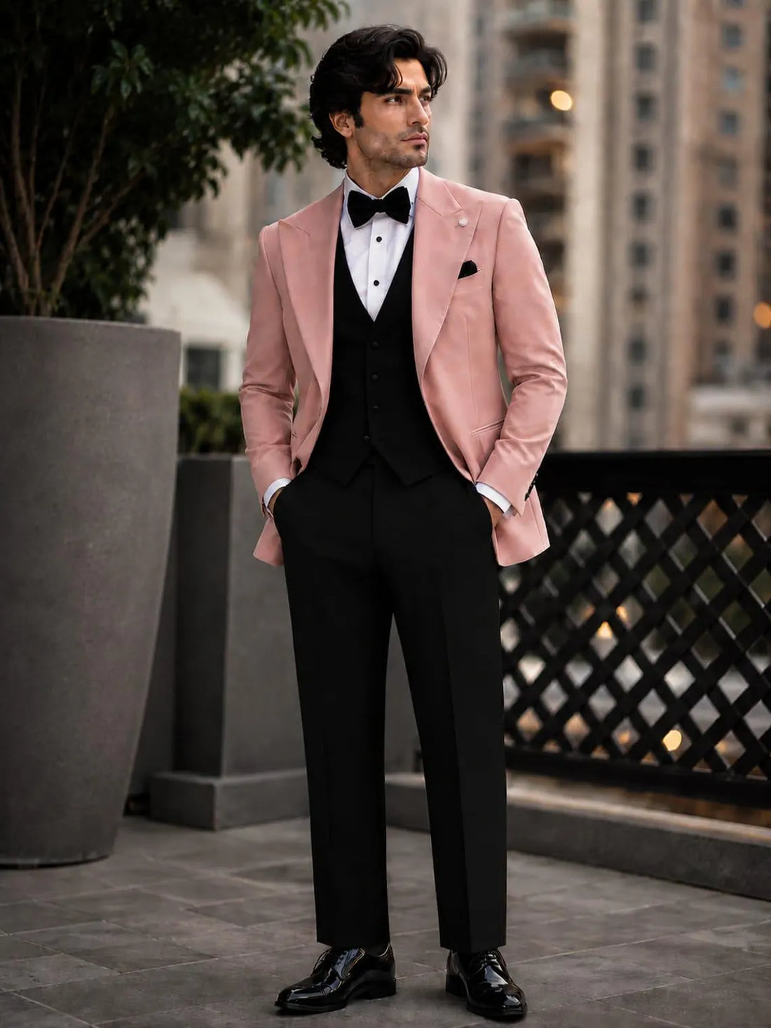 Men’s Blush Pink Tuxedo Jacket Set, Black Vest & Bow Tie, Wedding Groom Suit, Formal Prom Outfit, Modern Evening Wear