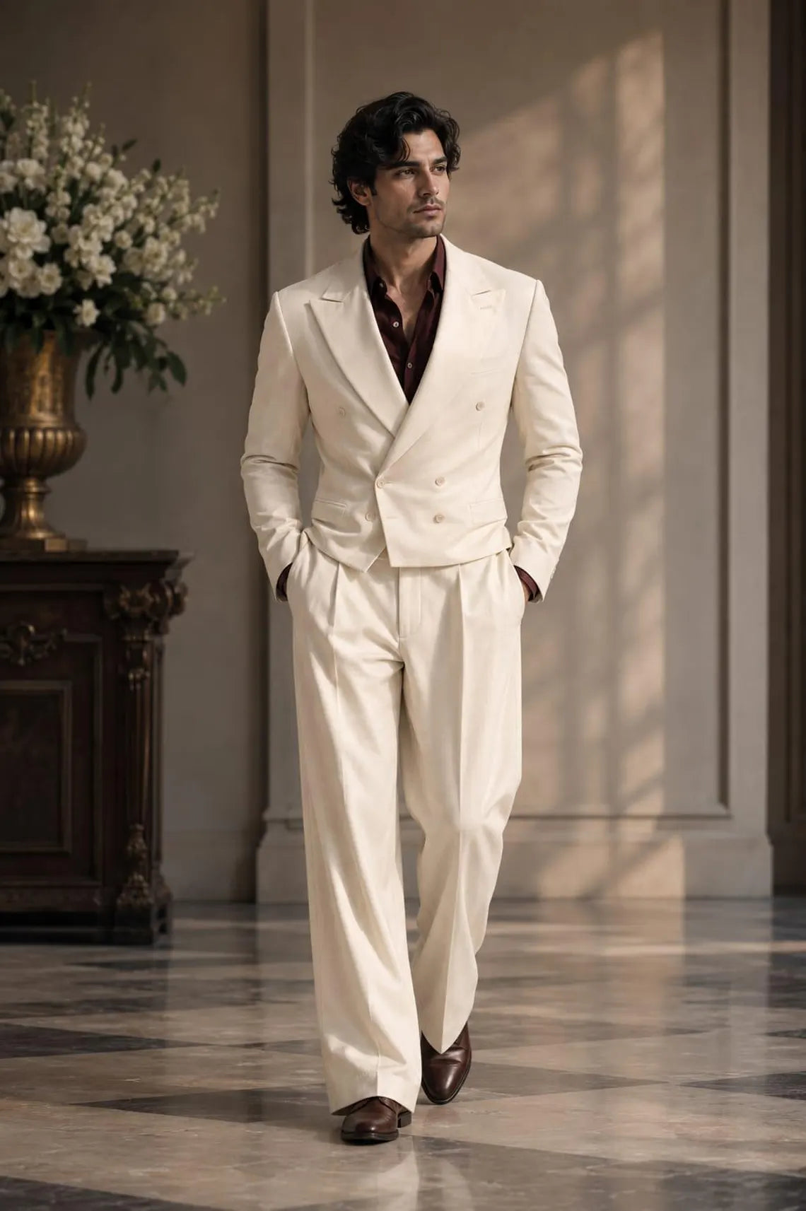 Men's Off White Suit Set, Tailored Double Breasted Jacket, Wide Leg Dress Pants, Engagement Outfit, Sophisticated Evening Wear