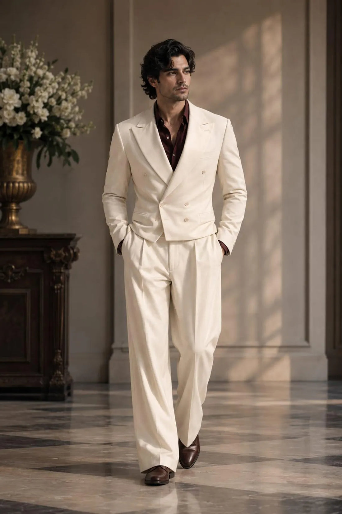 Men's Off White Suit Set, Tailored Double Breasted Jacket, Wide Leg Dress Pants, Engagement Outfit, Sophisticated Evening Wear