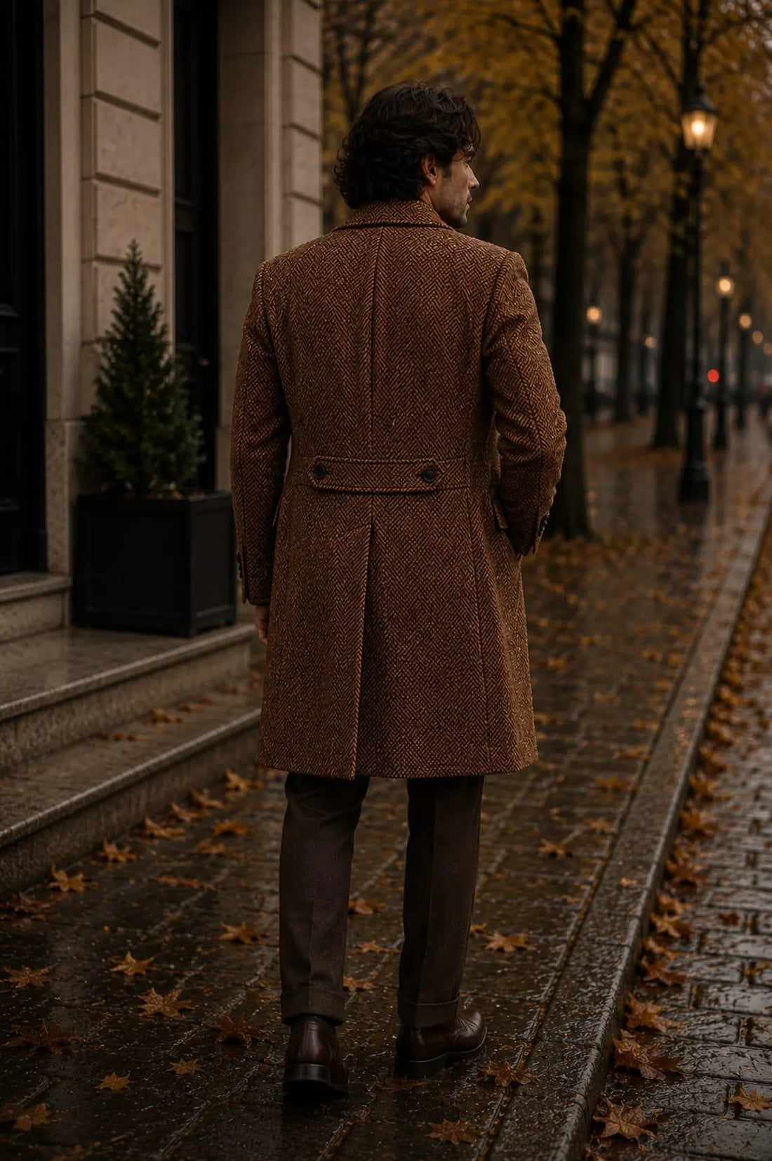 Brown Herringbone Wool Overcoat Men, Retro Double Breasted Coat, Formal Winter Outerwear, Old Money Style Fashion