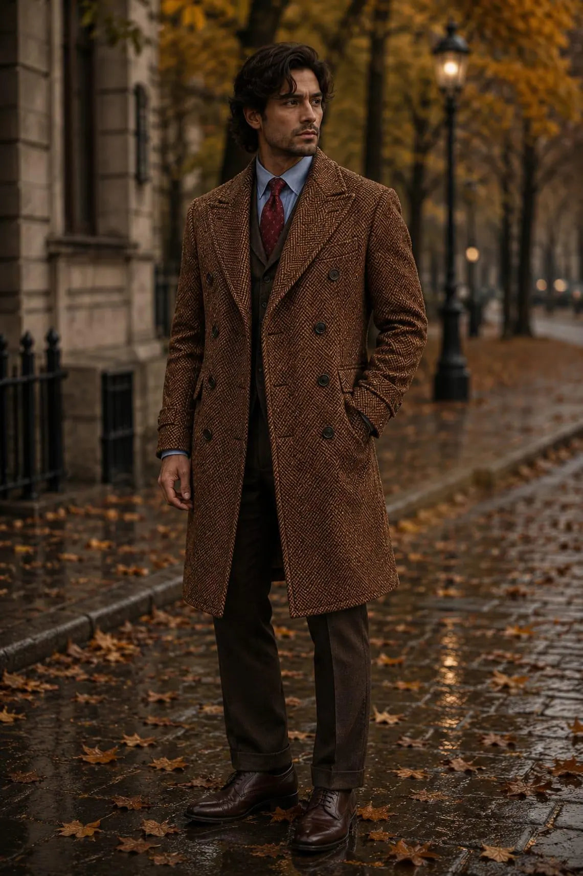 Brown Herringbone Wool Overcoat Men, Retro Double Breasted Coat, Formal Winter Outerwear, Old Money Style Fashion