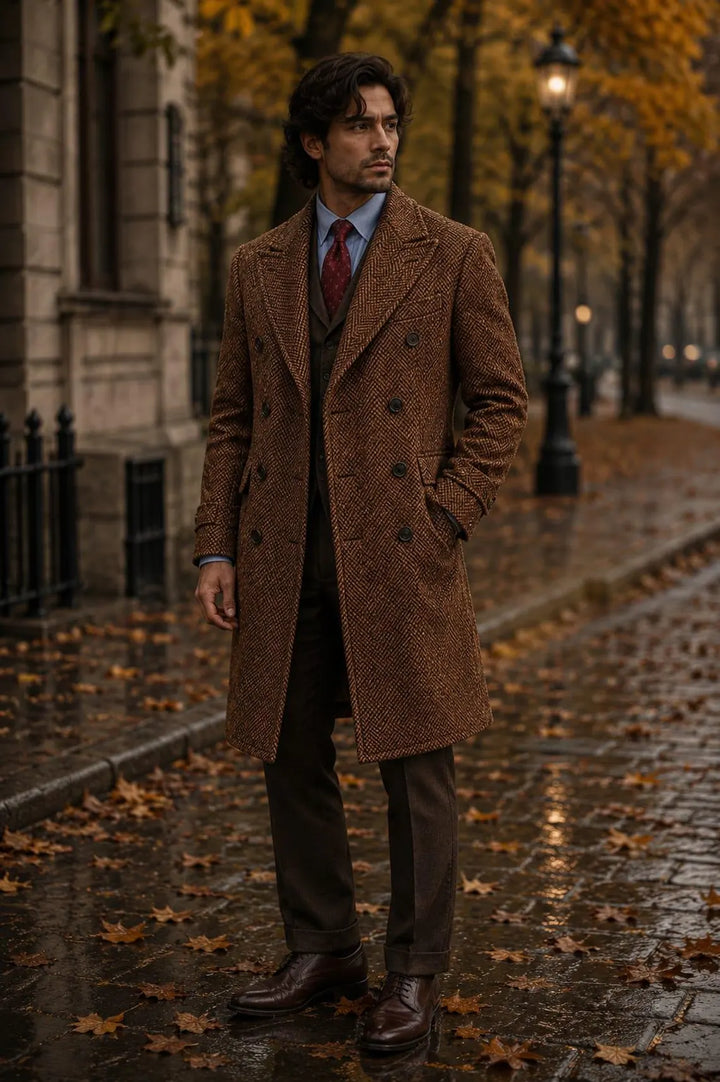 Brown Herringbone Wool Overcoat Men, Retro Double Breasted Coat, Formal Winter Outerwear, Old Money Style Fashion