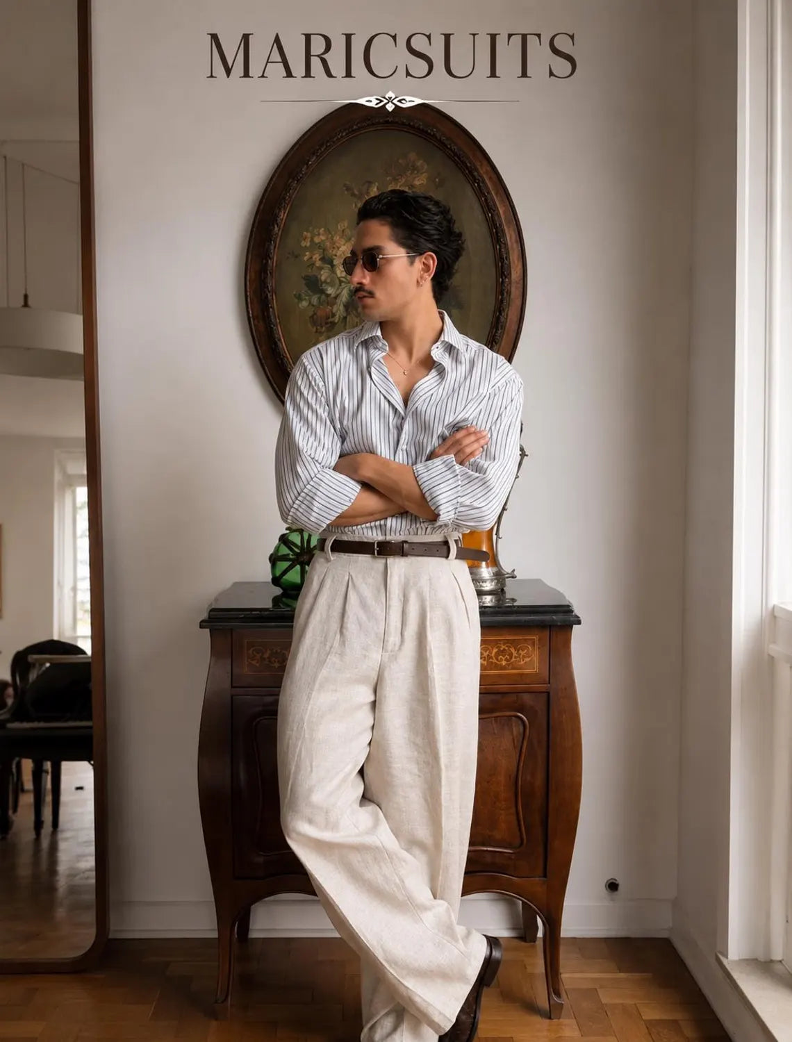 Men's Off White Linen Trousers, High Waist Pleated Pants, Wide Leg Linen Dress Pants, Custom Linen Clothing, Vintage Style Trousers