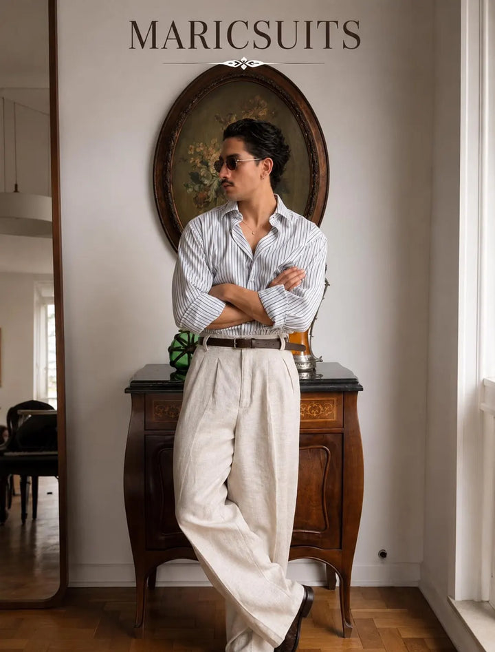 Men's Off White Linen Trousers, High Waist Pleated Pants, Wide Leg Linen Dress Pants, Custom Linen Clothing, Vintage Style Trousers