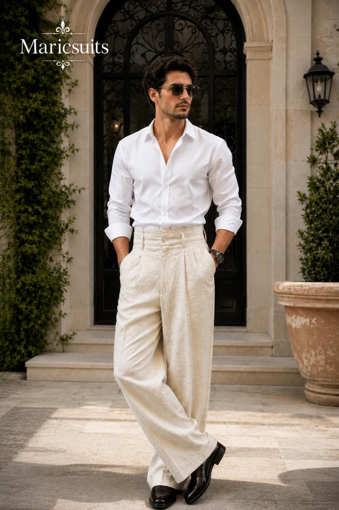 Mens Linen Shirt and Wide Leg Linen Pants Set, High Waist Pleated Linen Trousers, Summer Co Ord Set, Custom Linen Outfit,