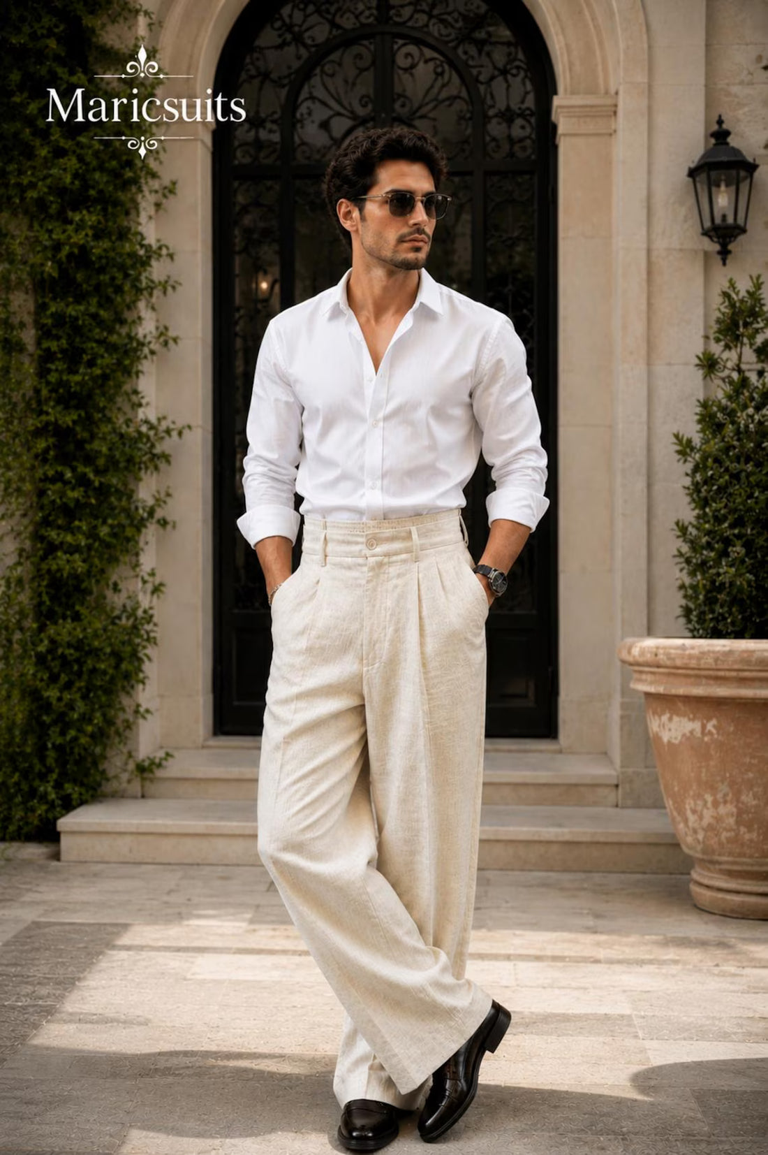 Mens Linen Shirt and Wide Leg Linen Pants Set, High Waist Pleated Linen Trousers, Summer Co Ord Set, Custom Linen Outfit,