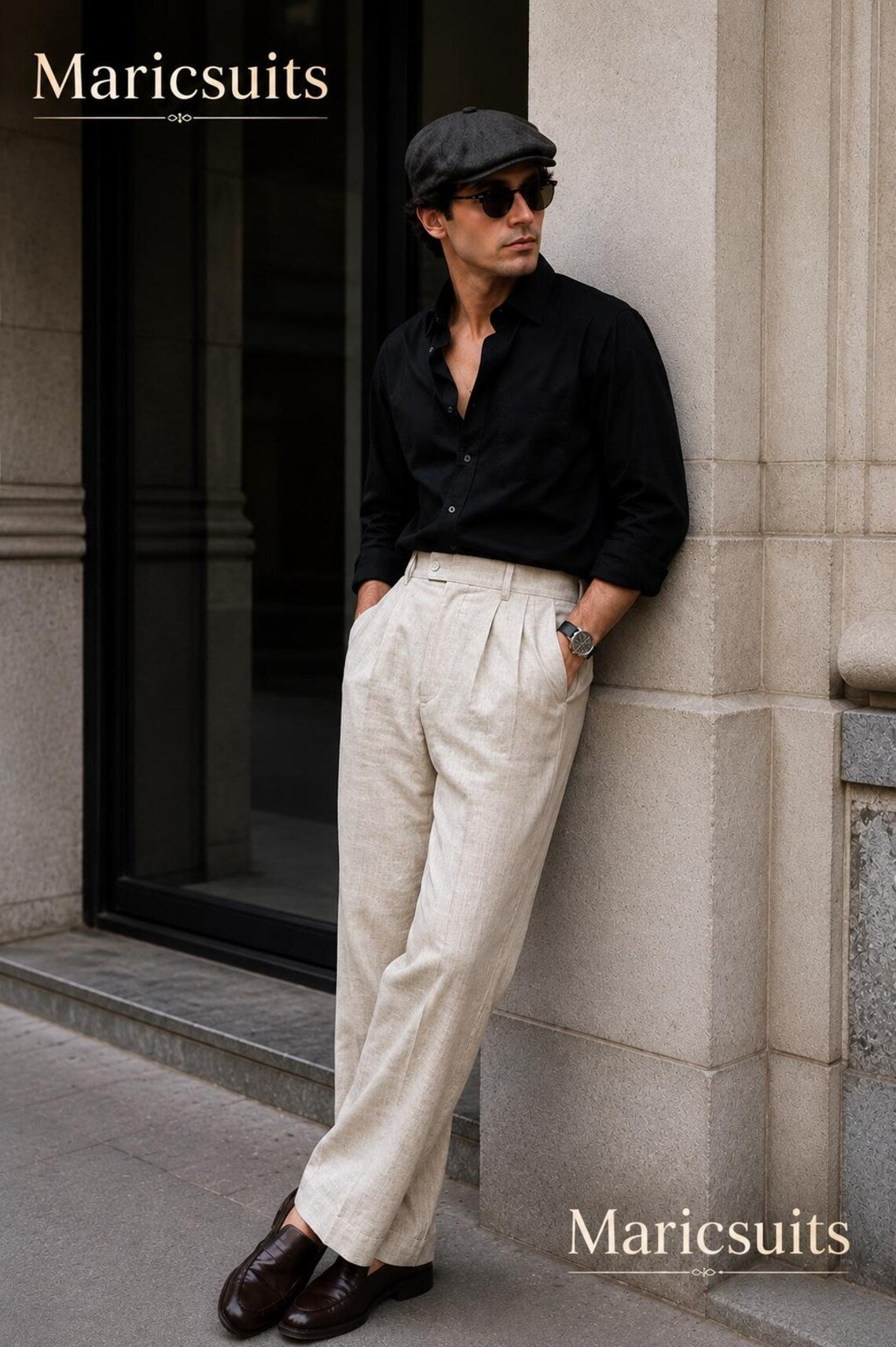 Custom Linen Pants with Black Cotton Shirt, Men's Luxury Linen Outfit, Pleated High Waist Trousers, Handmade Summer Wear,