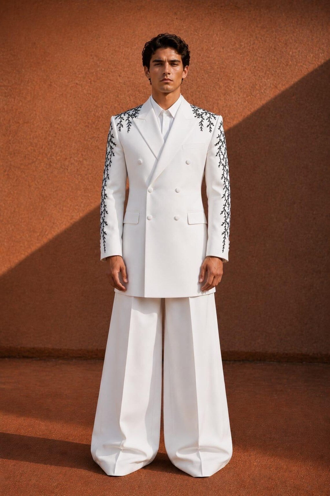 White Double Breasted Embroidered Suit for Men, Wide Leg Trouser Set, Luxury Wedding Suit, Groom Reception Outfit, Designer Formal Suit,
