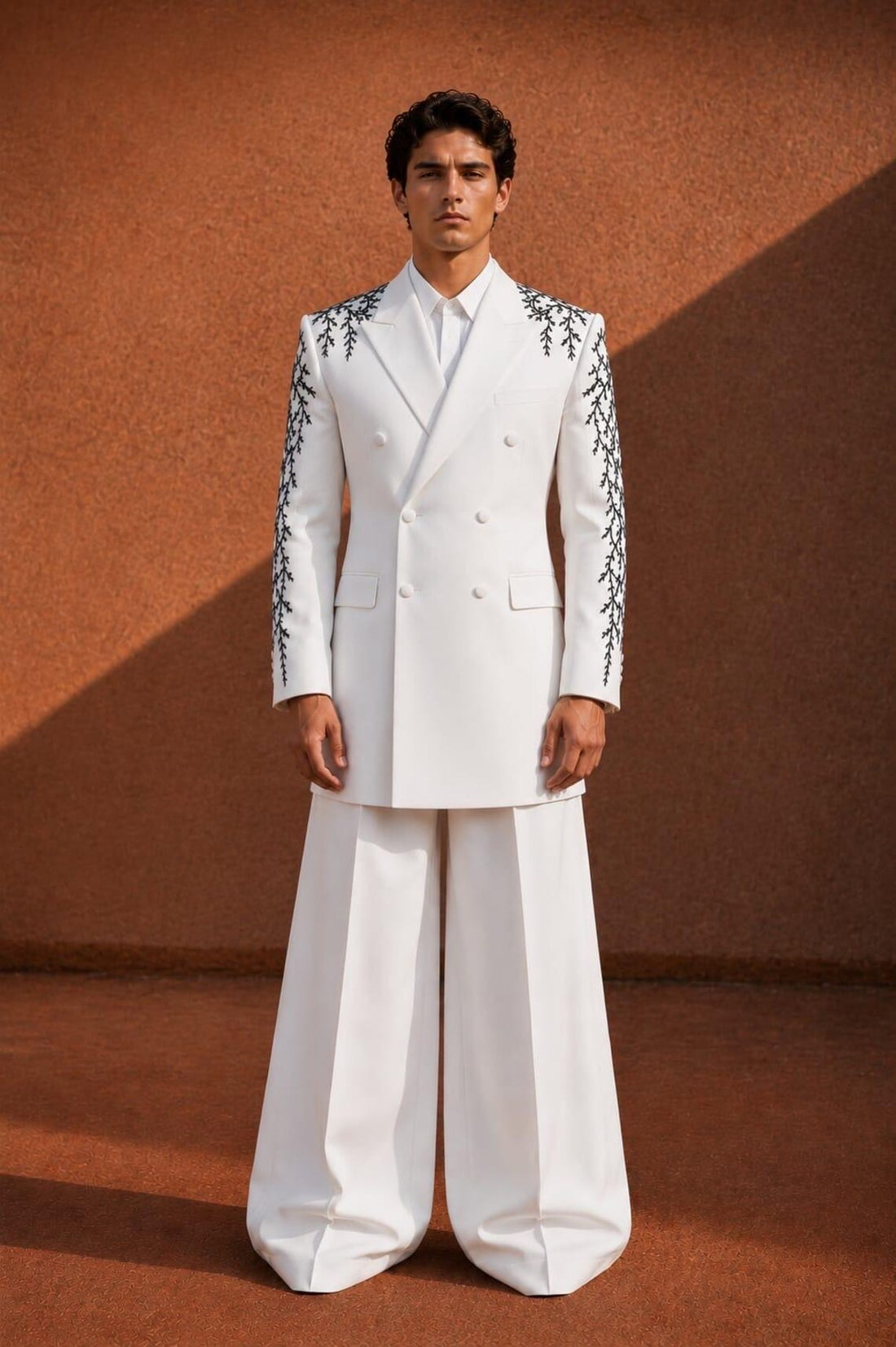 White Double Breasted Embroidered Suit for Men, Wide Leg Trouser Set, Luxury Wedding Suit, Groom Reception Outfit, Designer Formal Suit,