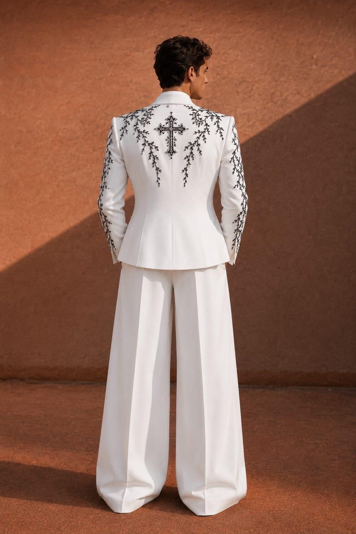 White Double Breasted Embroidered Suit for Men, Wide Leg Trouser Set, Luxury Wedding Suit, Groom Reception Outfit, Designer Formal Suit,