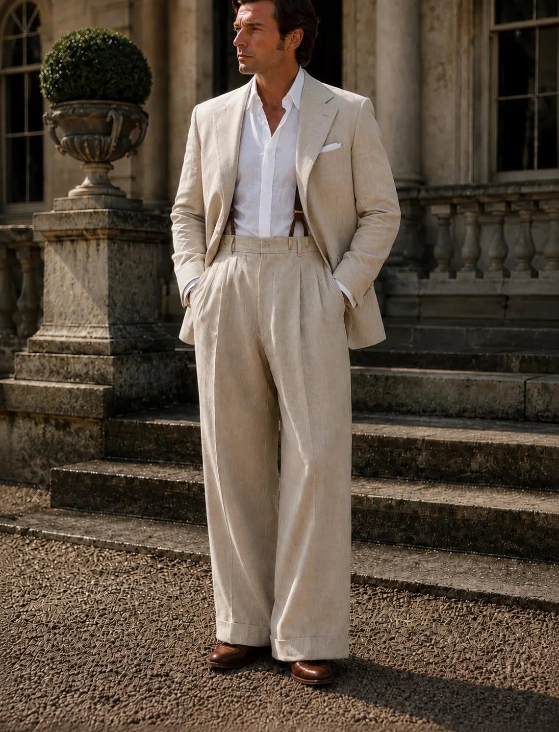 Light Beige Linen Suit for Men, 100% Pure Linen White Shirt, Wide Leg Pleated Pants, Custom Tailored Outfit