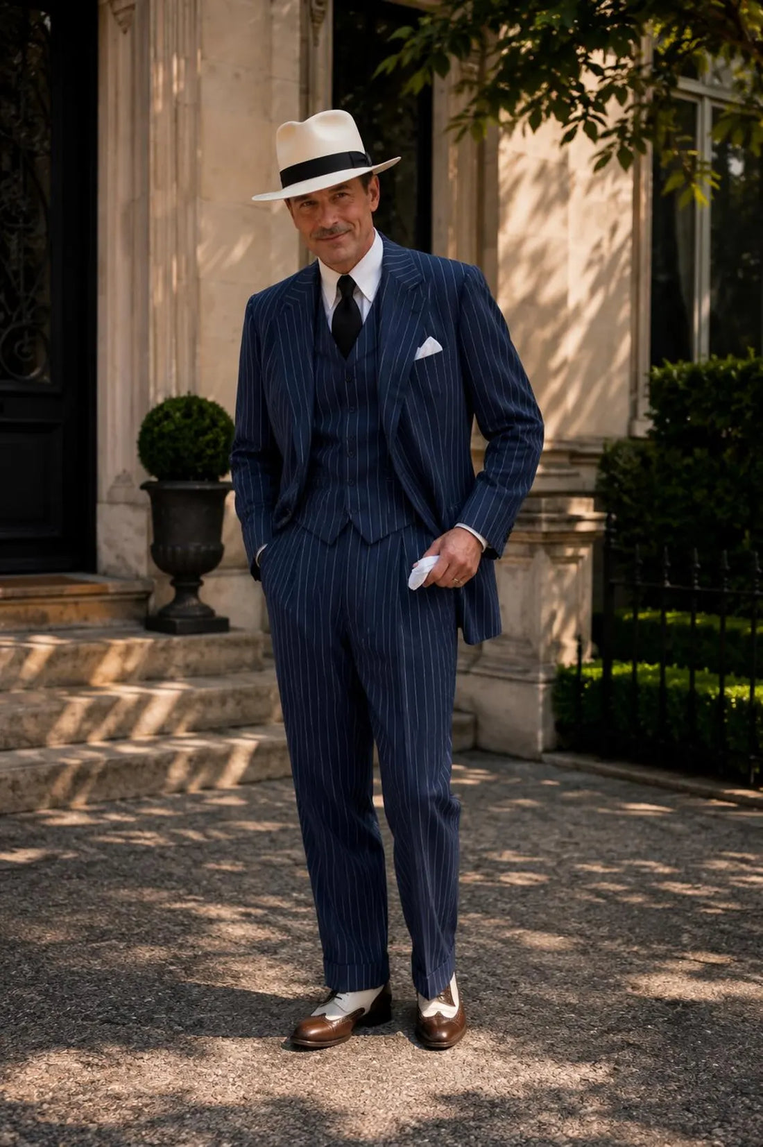 Men's Navy Pinstripe 3 Piece Suit, Vintage 1920s Style Wedding Groom Outfit