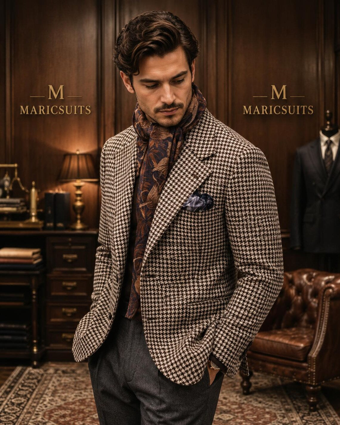 Brown Houndstooth Suit for Men | Matching Blazer and Trousers | Bespoke Wedding Suit