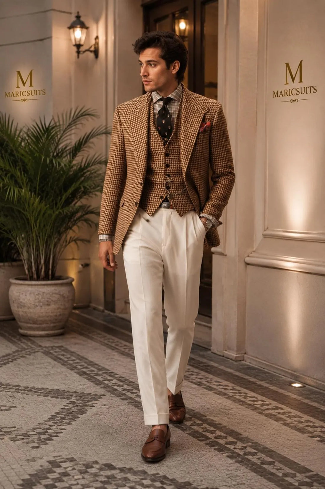 Brown Houndstooth Tweed 3 Piece Suit for Men, Vintage Wedding Suit, Classic Gentleman Suit, Peak Lapel Blazer, High Waist Pleated Trousers,