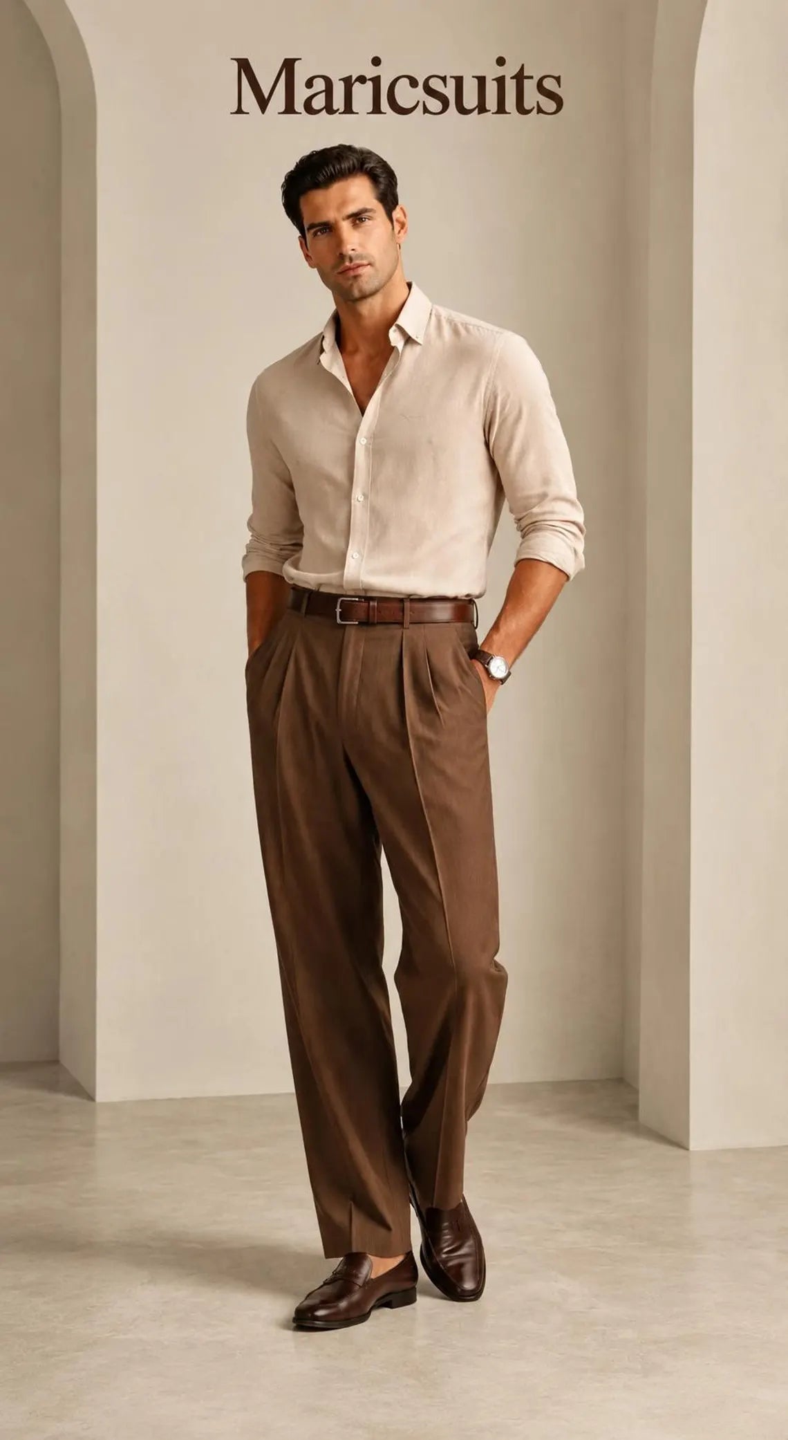 Mens Brown Pleated Linen Trousers with Beige Linen Shirt, Wide Leg High Waist Pants, Custom Summer Outfit, Casual Wear