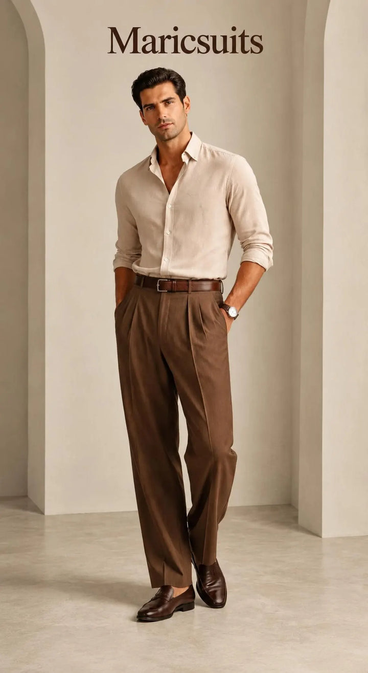 Mens Brown Pleated Linen Trousers with Beige Linen Shirt, Wide Leg High Waist Pants, Custom Summer Outfit, Casual Wear