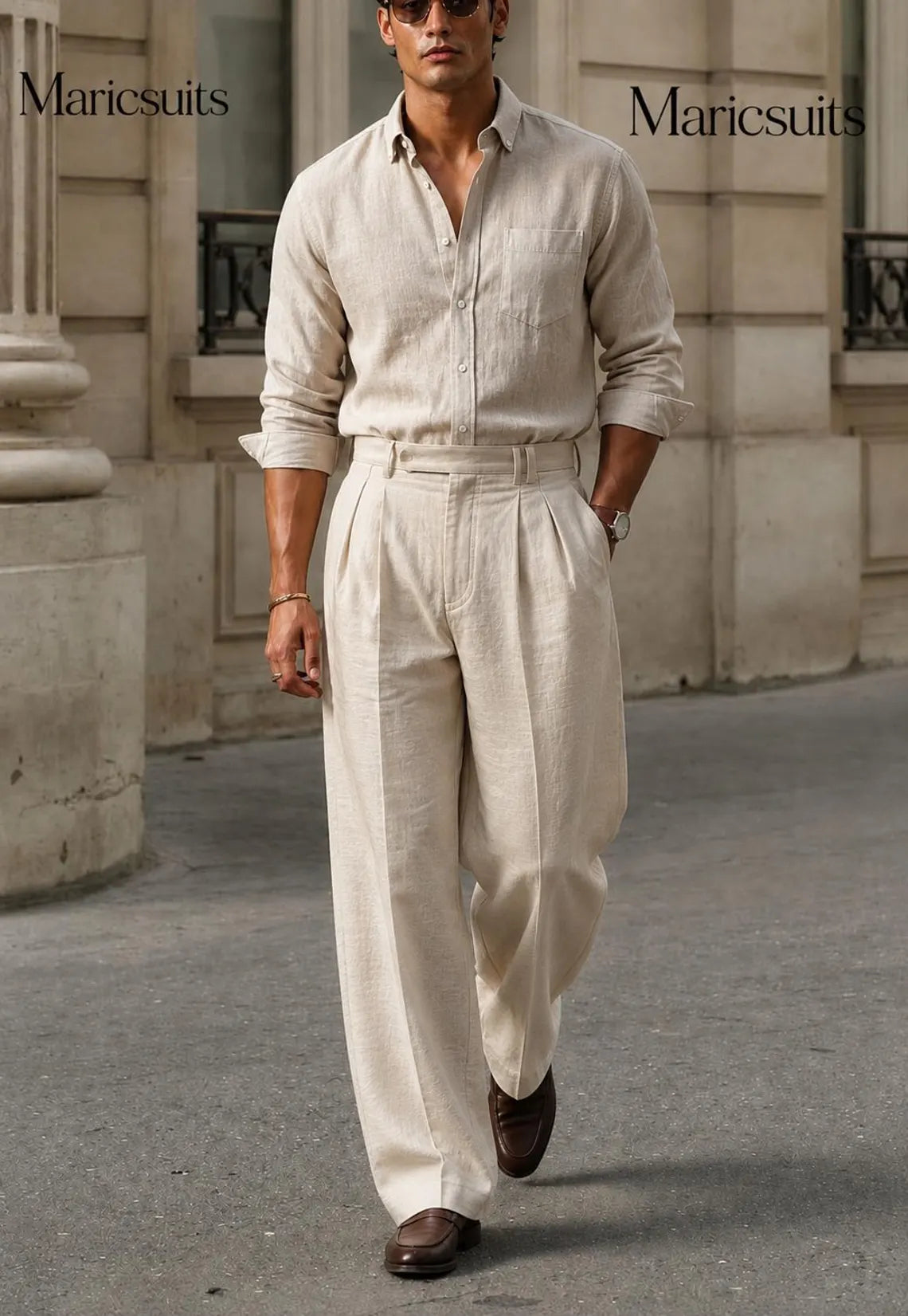 Men's Linen Shirt and Linen Trouser Set, High Waisted Pleated Pants, Beige Wide Leg Linen Trousers, Summer Outfit by Maricsuits