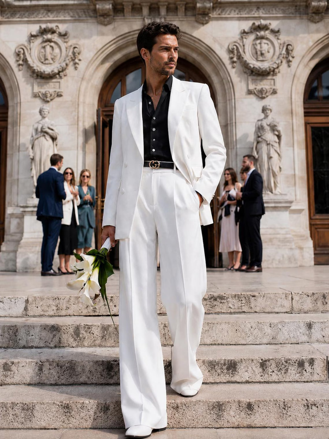 White Double Breasted Suit for Men, Black Shirt, Wide Leg Trousers, Wedding Suit, Groom Suit, Modern Formal Suit, Custom Tailoring
