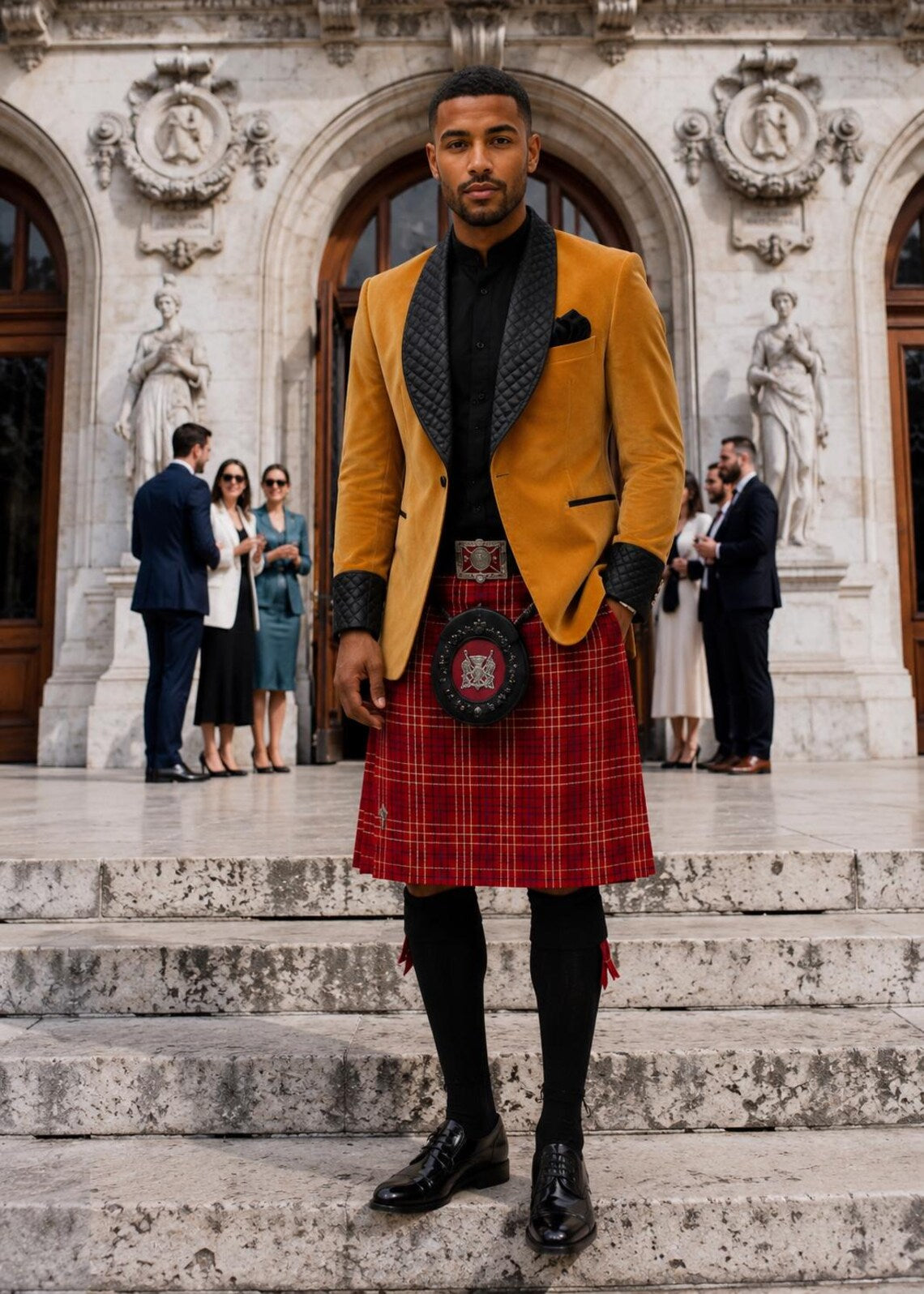 Mustard Velvet Kilt Jacket Set for Men, Scottish Wedding Outfit, Black Quilted Shawl Lapel Blazer, Custom Highland Formal Wear