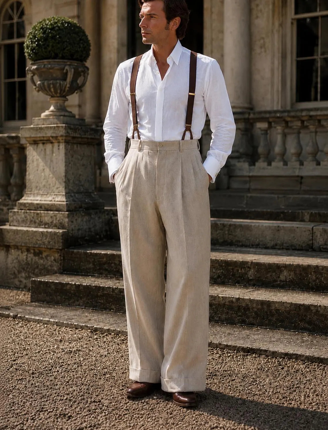 Light Beige Linen Suit for Men, 100% Pure Linen White Shirt, Wide Leg Pleated Pants, Custom Tailored Outfit