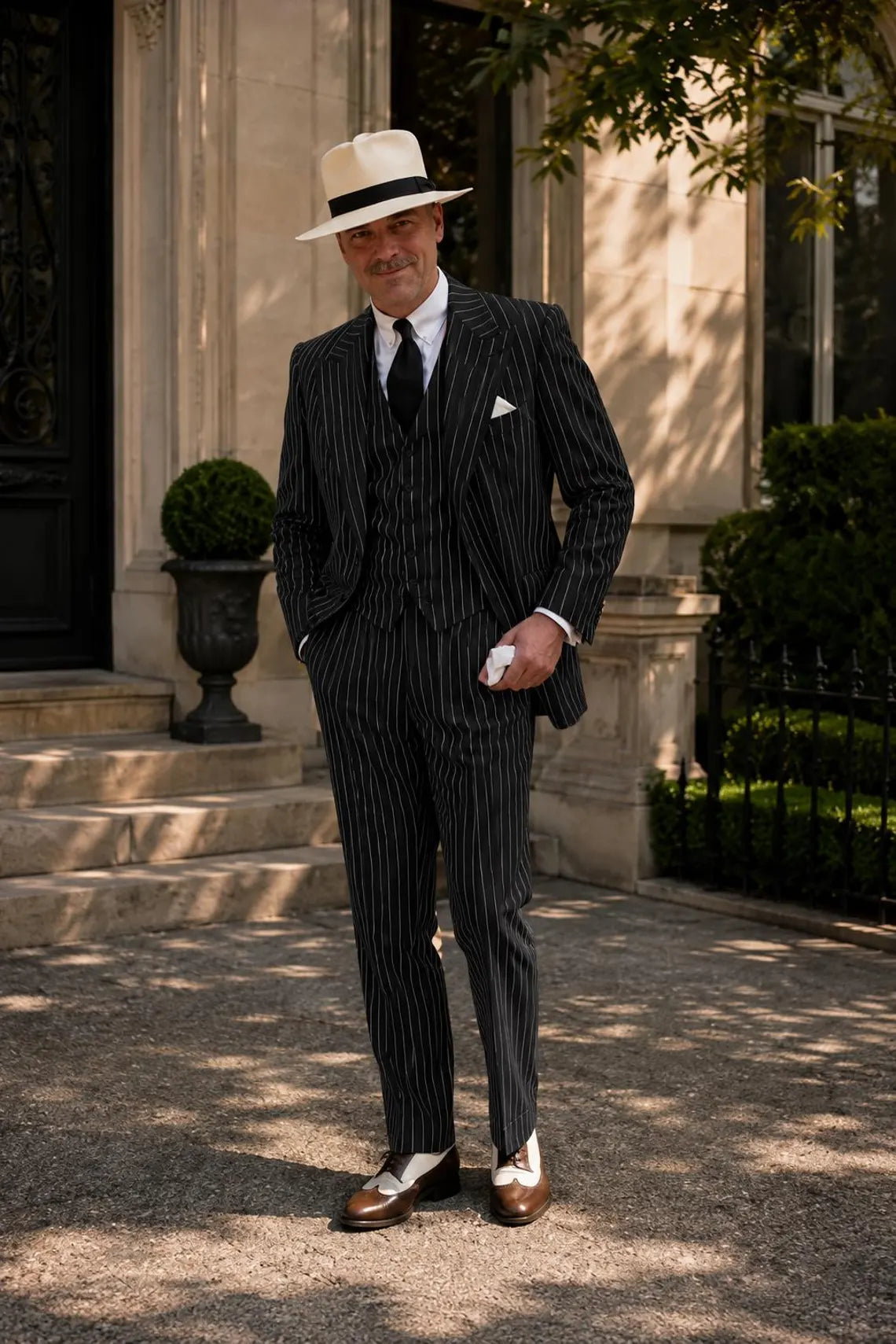 Men's 1920s Black Pinstripe Suit Set, Gatsby Style Three Piece Suit, Vintage Gangster Wedding Outfit, Fedora Inspired Formal Wear