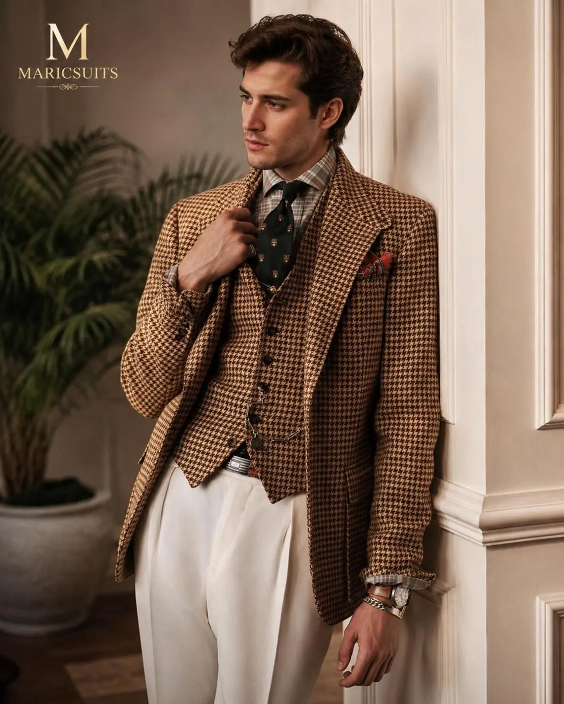 Brown Houndstooth Tweed 3 Piece Suit for Men, Vintage Wedding Suit, Classic Gentleman Suit, Peak Lapel Blazer, High Waist Pleated Trousers,
