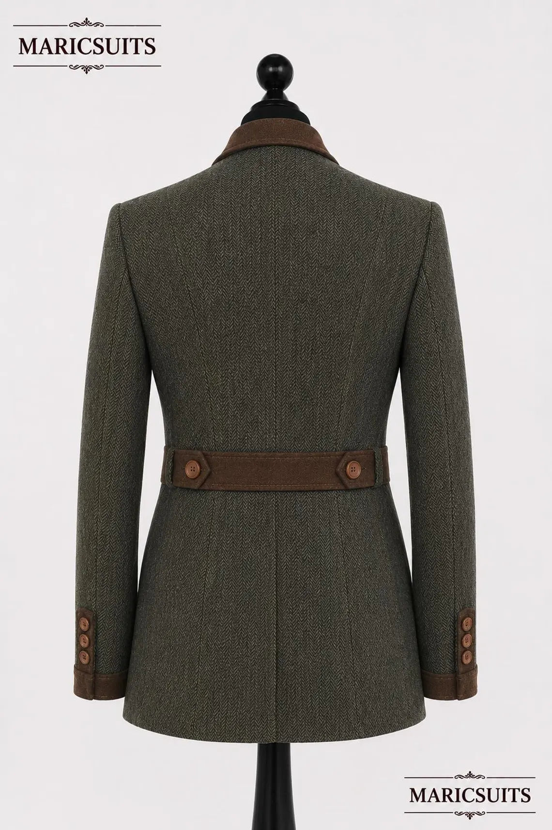 Women's Herringbone Tweed Hunting Jacket, Brown Suede Trim Blazer, Equestrian Coat, Country Style Jacket, Custom Tailored