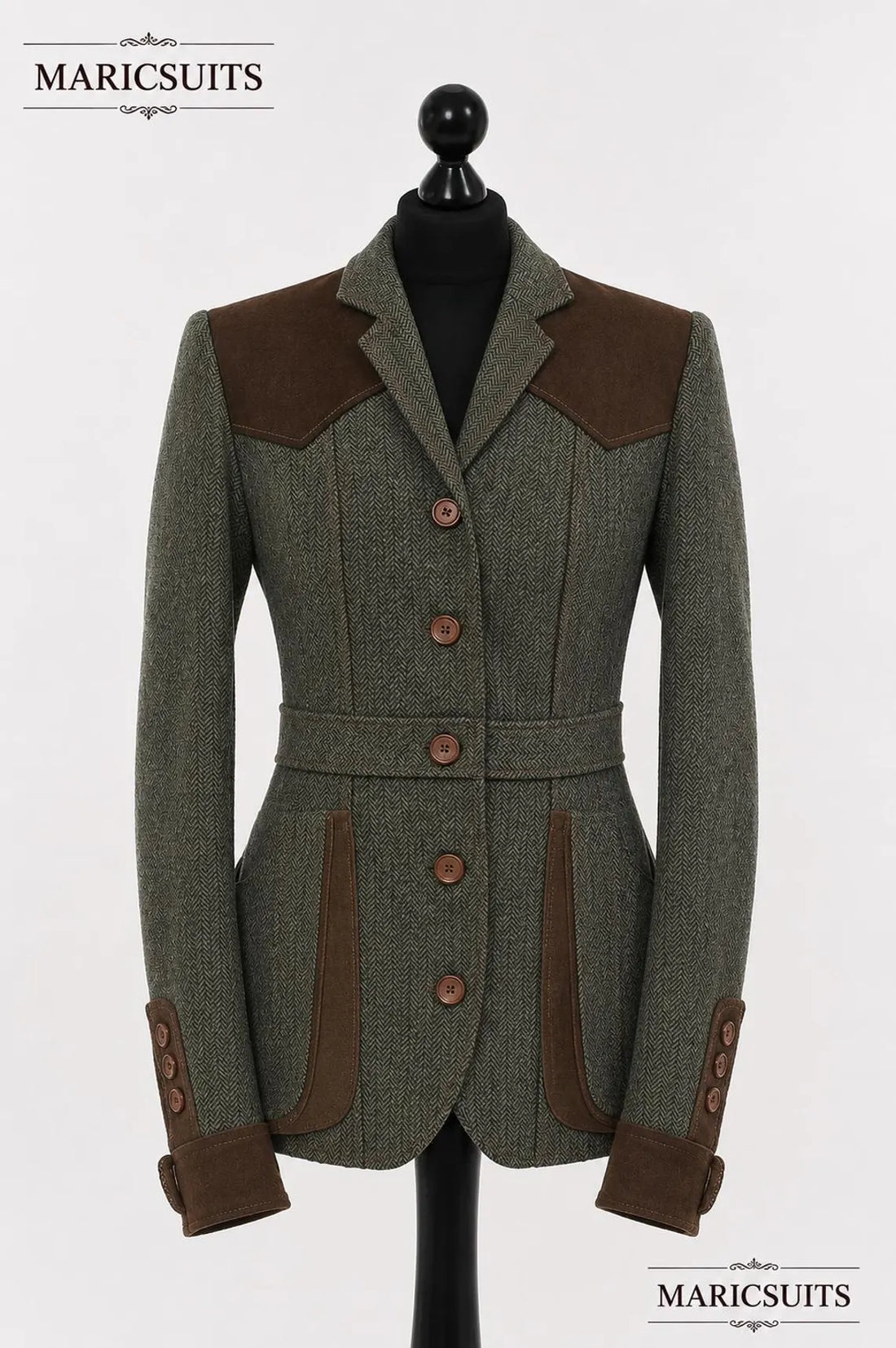 Women's Herringbone Tweed Hunting Jacket, Brown Suede Trim Blazer, Equestrian Coat, Country Style Jacket, Custom Tailored
