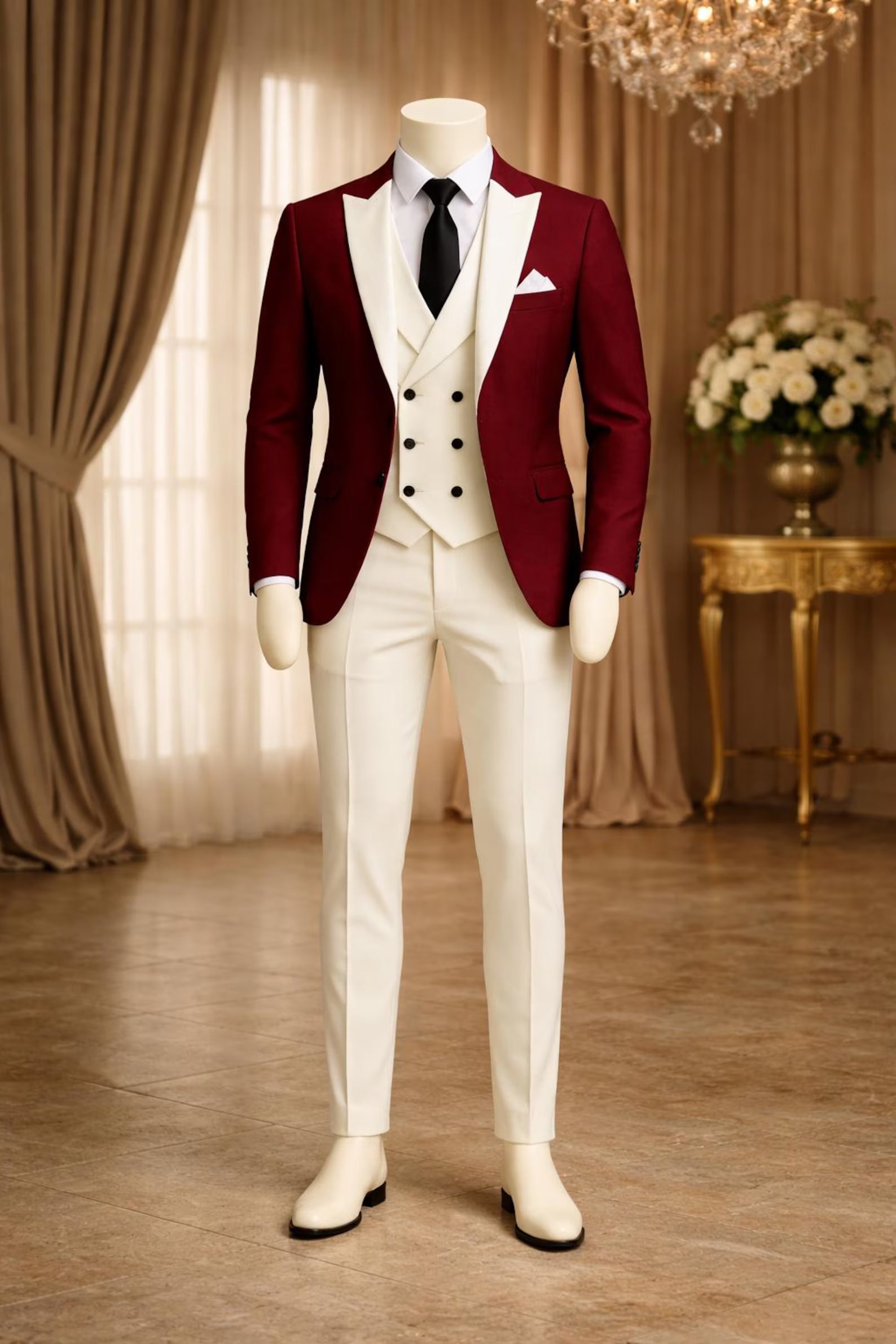 Burgundy Red Tuxedo Suit, Cream Waistcoat, Shawl Lapel, 3 Piece Formal Set